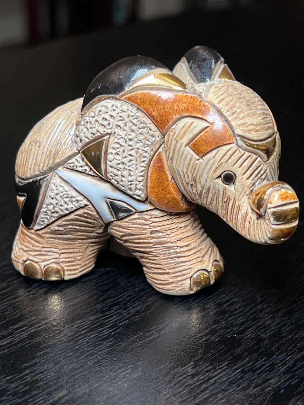 VTG DeRosa Rinconada Gold Tan Black Elephant Handcarved Art Pottery Figurine